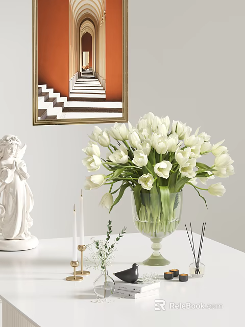 Elegant Decorative Ornament Combination with White Angel Statue Glass Vase White Tulips Candles and Staircase Painting 3d model 