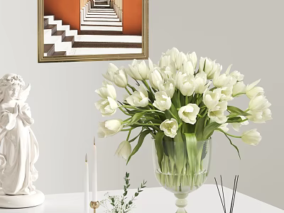 Elegant Decorative Ornament Combination with White Angel Statue Glass Vase White Tulips Candles and Staircase Painting 3d model