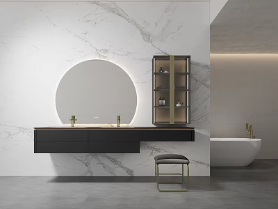 Modern Bathroom Vanity Cabinet With Round Mirror And Marble Wall Storage 3d model