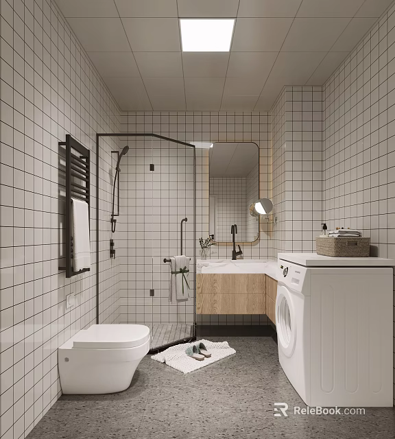 Modern Bathroom Interior With Glass Shower Enclosure Wooden Vanity Toilet And Washing Machine 3d model 
