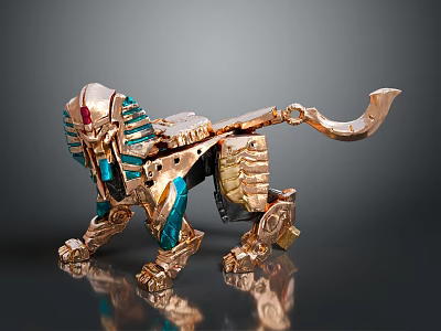 Detailed Golden And Blue Mechanical Lion Figure With Egyptian Decorative Details 3d model