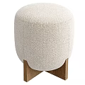 Fluffy Beige Fabric Ottoman With Stacked Design And Single Wooden Base