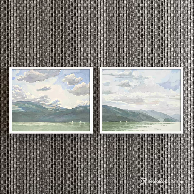 Scenic Landscape Paintings With Cloudy Sky Green Mountains And Sailboats On Water 3d model 