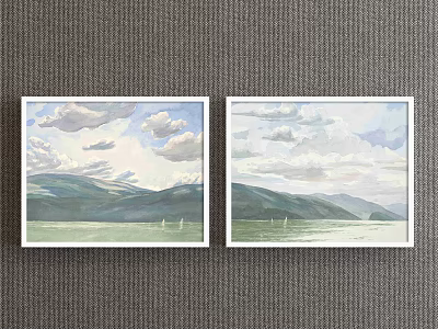 Scenic Landscape Paintings With Cloudy Sky Green Mountains And Sailboats On Water 3d model