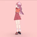 Cartoon Woman With Purple Hair Pink Hat Red Top Skirt Brown Shoes On Pink Background