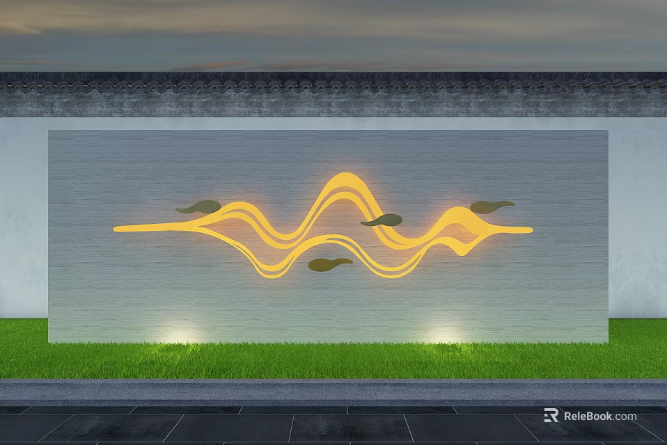 Outdoor Decorative Wall With Gray Surface Yellow Wavy Light Strips Leaf Ornaments And Green Grass 3d model 