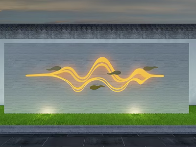 Outdoor Decorative Wall With Gray Surface Yellow Wavy Light Strips Leaf Ornaments And Green Grass 3d model