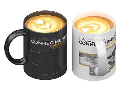 Tasty Coffee With Heart Latte Art In Black And White Branded Mugs 3d model