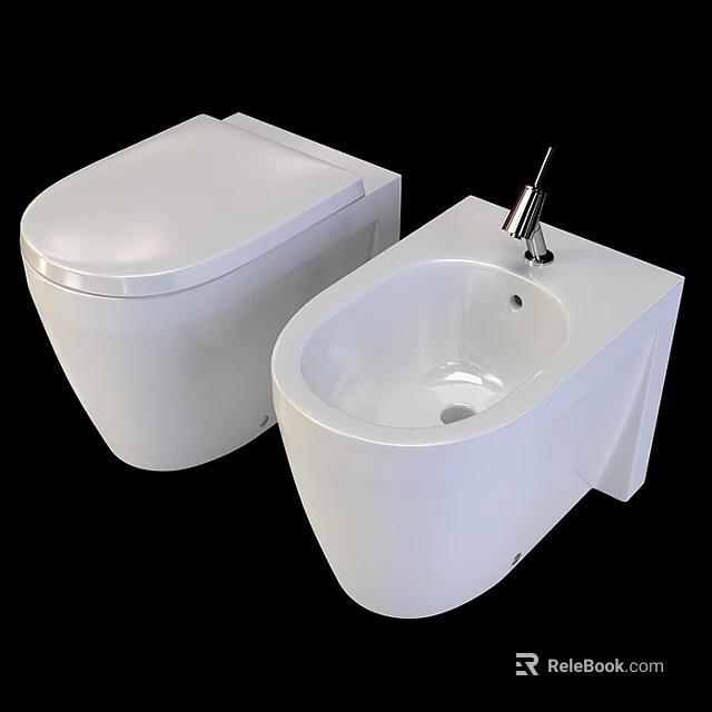 Modern White Toilet and Bidet with Sleek Smooth Finish in Contemporary Bathroom Design 3d model 