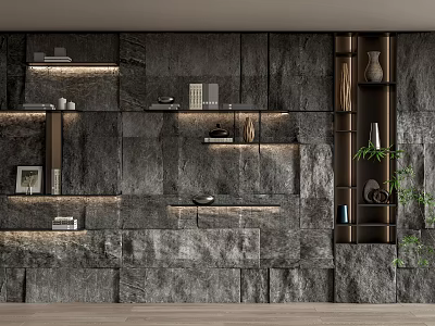 Textured Stone Background Wall With Layered Shelves Decorative Items And Soft Lighting 3d model
