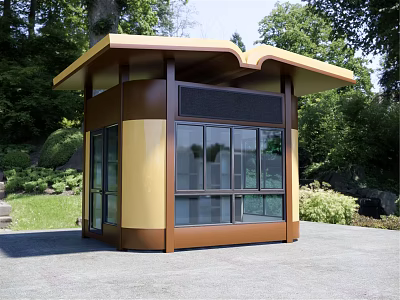 Outdoor Garden Kiosk Design With Curved Yellow Brown Roof And Glass Windows In Green Surroundings 3d model