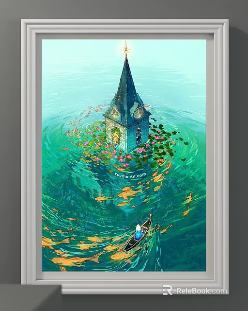 Enchanting Landscape Painting With Submerged Steeple Clock Tower Water Lilies Fish And Small Boat 3d model 
