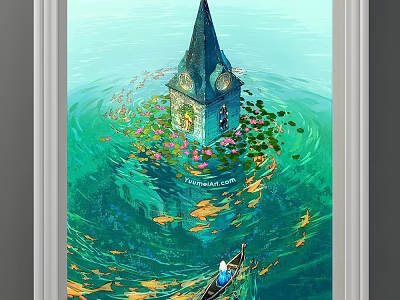 Enchanting Landscape Painting With Submerged Steeple Clock Tower Water Lilies Fish And Small Boat 3d model
