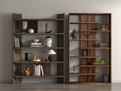 Wooden Shelving Units with Books Decorative Vases Fruits and Ornaments for Interior 3d model