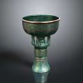 Ancient Bronze Stem Cup Carving Sculpture With Intricate Patterns And Green Patina