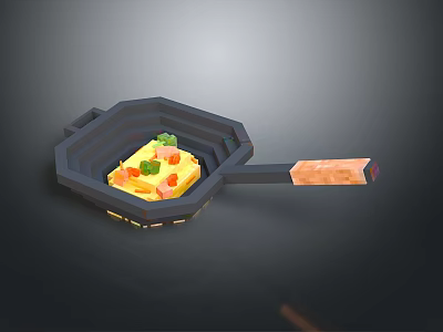 Household Frying Pan With Wooden Handle And Fried Egg Topped With Vegetables 3d model