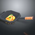 Household Frying Pan With Wooden Handle And Fried Egg Topped With Vegetables