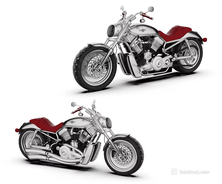 Two Classic Vintage Motorcycles With Red Seats Silver Bodies And Large Tires 3d model 