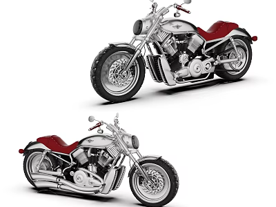 Two Classic Vintage Motorcycles With Red Seats Silver Bodies And Large Tires 3d model