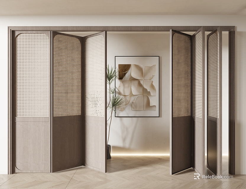 Modern Interior Design With Rattan Folding Doors Decorative Painting And Green Plant 3d model 