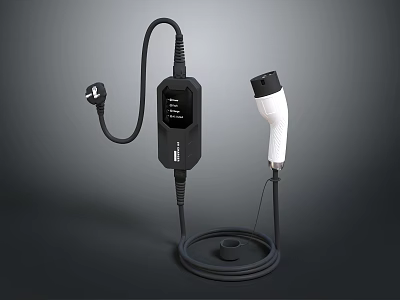 Portable Electric Car Charger With Digital Display And White Connector Charging Cable 3d model
