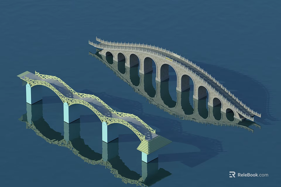 Two Bridges With Arch And Modern Designs Over Water Surface Reflections 3d model 