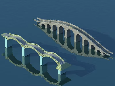 Two Bridges With Arch And Modern Designs Over Water Surface Reflections 3d model