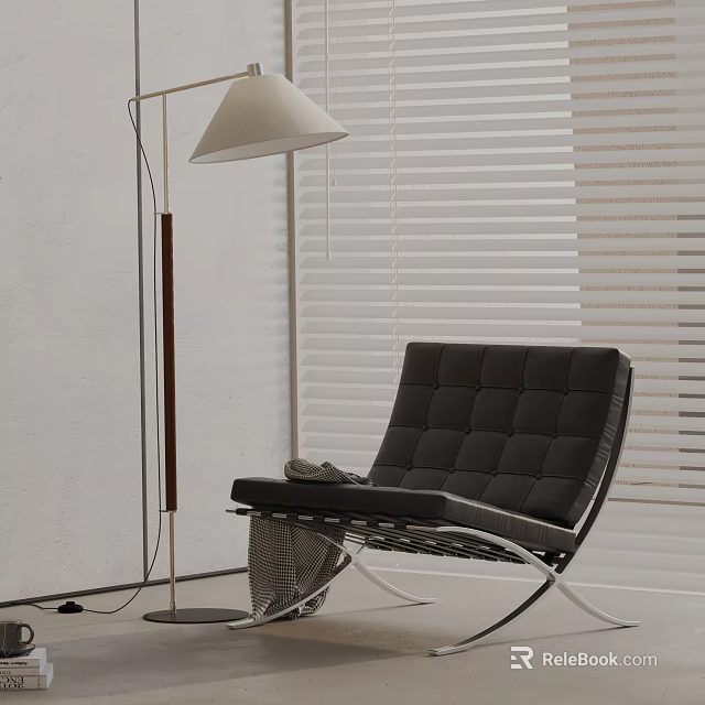 Black Tufted Accent Chair With Metal Frame Gray Blanket Floor Lamp And Window Blinds 3d model 