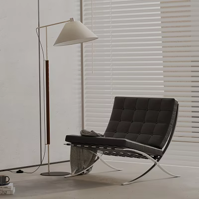 Black Tufted Accent Chair With Metal Frame Gray Blanket Floor Lamp And Window Blinds 3d model