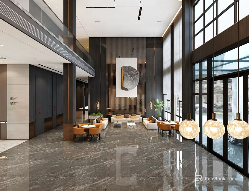 Modern Front Desk Reception In Spacious Lobby With Marble Floor Large Windows And Sofa Seating 3d model