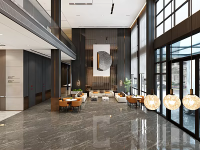Modern Front Desk Reception In Spacious Lobby With Marble Floor Large Windows And Sofa Seating 3d model
