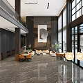 Modern Front Desk Reception In Spacious Lobby With Marble Floor Large Windows And Sofa Seating 3d model