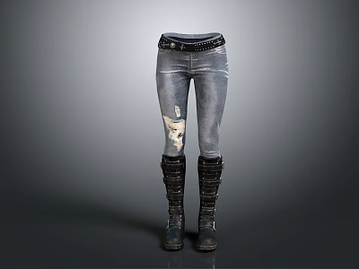 Distressed Gray Jeans With Leather Belt And Knee High Combat Boots 3d model