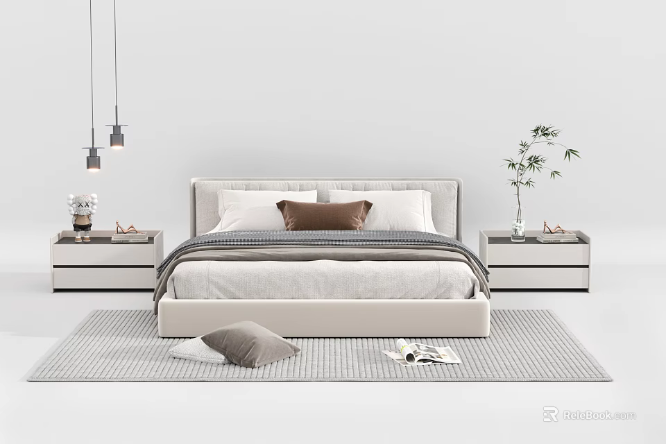 Modern Double Bed With Upholstered Headboard Nightstands Cozy Bedding Pillows And Decorative Rug 3d model 