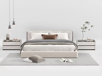 Modern Double Bed With Upholstered Headboard Nightstands Cozy Bedding Pillows And Decorative Rug 3d model