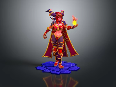 Mythical Horned Female Character In Red And Purple Armor Holding Flame Standing On Blue Platform 3d model