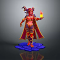 Mythical Horned Female Character In Red And Purple Armor Holding Flame Standing On Blue Platform