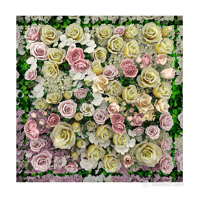 Colorful Pink Yellow White Roses With Green Leaves For Wall Decoration 3d model 