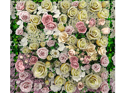 Colorful Pink Yellow White Roses With Green Leaves For Wall Decoration 3d model