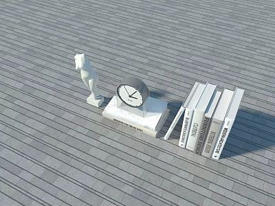 Modern Clock on Stack of Books with White Sculpture on Gray Wooden Floor 3d model