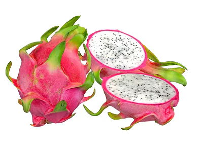 Whole And Halved Dragon Fruit With Pink Skin Green Leaves White Flesh And Black Seeds 3d model