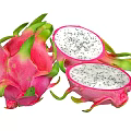 Whole And Halved Dragon Fruit With Pink Skin Green Leaves White Flesh And Black Seeds