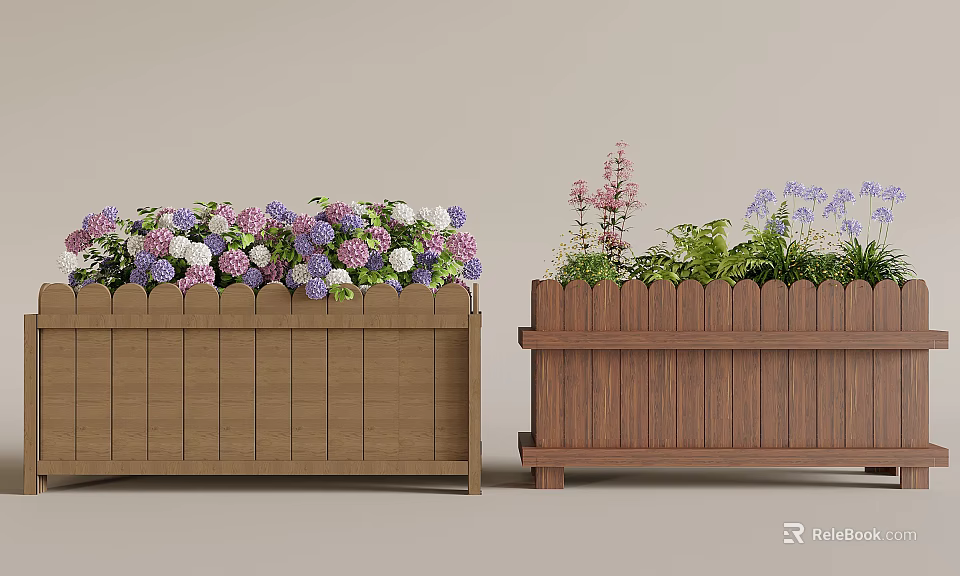 Garden with Wooden Planters Featuring Purple White Hydrangeas Pink Purple Flowers and Green Plants 3d model 