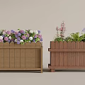 Garden with Wooden Planters Featuring Purple White Hydrangeas Pink Purple Flowers and Green Plants