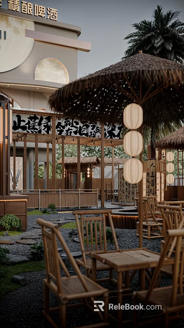 Traditional Courtyard Restaurant With Bamboo Structures Paper Lanterns And Wooden Furniture 3d model 