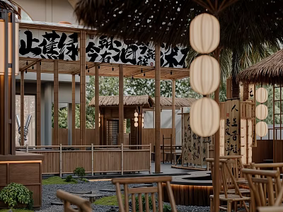 Traditional Courtyard Restaurant With Bamboo Structures Paper Lanterns And Wooden Furniture 3d model