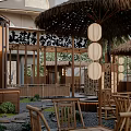 Traditional Courtyard Restaurant With Bamboo Structures Paper Lanterns And Wooden Furniture