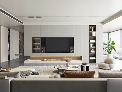 Modern Living Room Interior With TV Wall Fireplace Sofa Rug And Plant 3d model