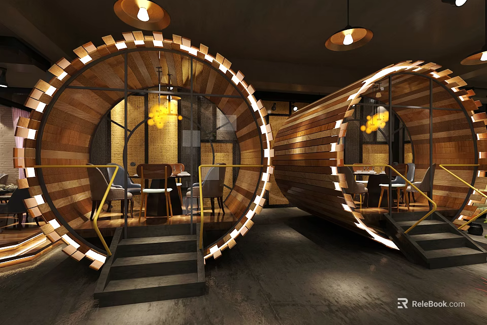 Modern Restaurant Interior Featuring Cylindrical Wooden Structures Staircases And Warm Lighting 3d model