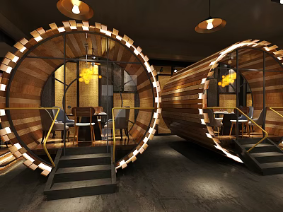 Modern Restaurant Interior Featuring Cylindrical Wooden Structures Staircases And Warm Lighting 3d model